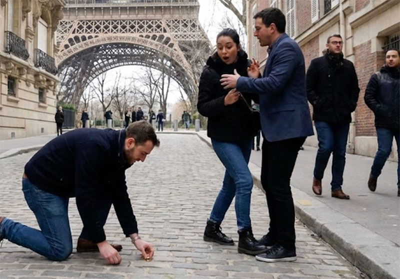 A scammer kneeling on a cobblestone street near the Eiffel Tower to "find" a gold ring in front of a tourist couple.