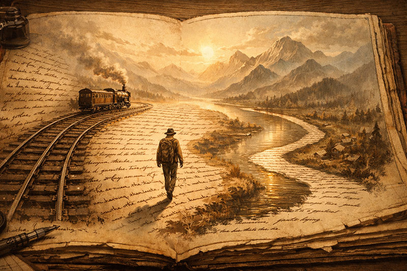 Alt text: An artistic illustration of a traveler walking down a winding path that emerges from the pages of an open book, with a sun rising over distant mountains in the background.