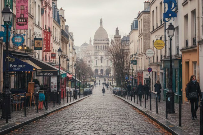 A charming cobblestone street in Montmartre, Paris, leading toward the white domes of the Sacré-Cœur Basilica in the distance
