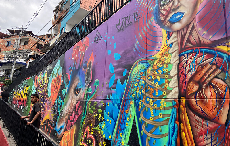 A vibrant, large-scale street mural on a concrete wall featuring a surrealist fusion of human anatomy and nature, including a skeletal figure with a visible heart, golden flowers, and a deer, set against a backdrop of a hillside neighborhood in Comuna 13.