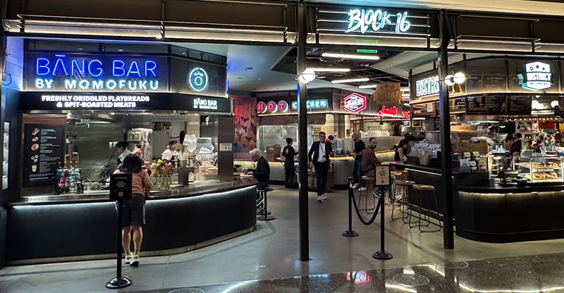 Grazing through Block 16 Urban Food Hall. From Hattie B’s Hot Chicken to Lardo sandwiches, it is the ultimate destination for a high-quality, flexible meal on the Strip.