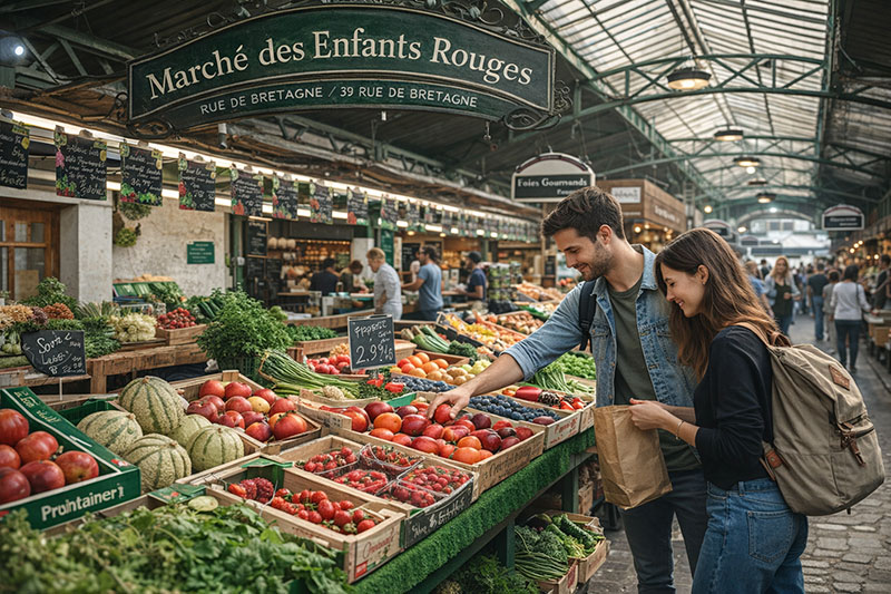 A young couple stands at a colorful outdoor produce stall under the green iron structure of the Marché des Enfants Rouges, carefully selecting fresh red tomatoes from wooden crates.