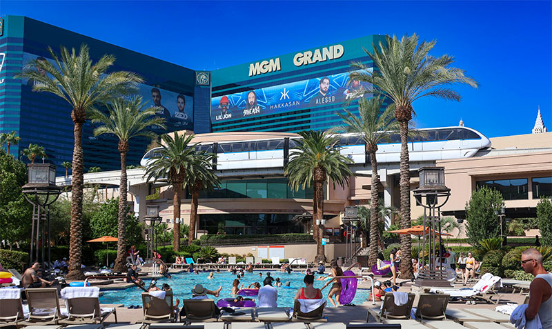 A view of the MGM Grand Las Vegas entrance and signage, representing the standard for resort fees and parking costs at major Strip properties.