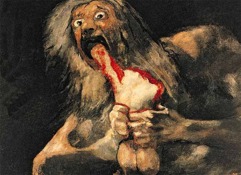 A dark and haunting painting by Francisco de Goya depicting the mythological scene of Saturn devouring one of his sons, characterized by intense emotion and grisly detail.