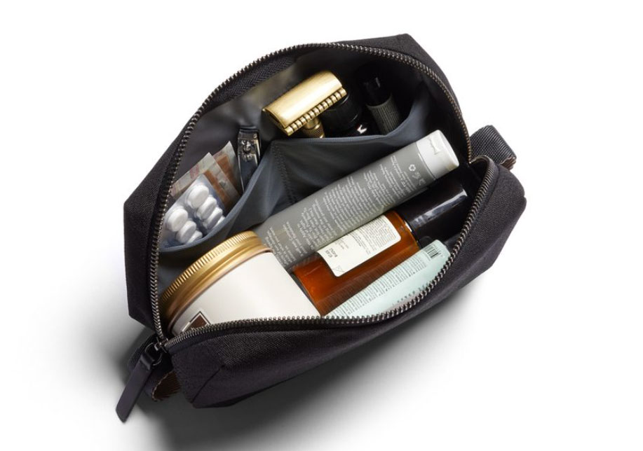 Toiletry Kit close up view form the top down.