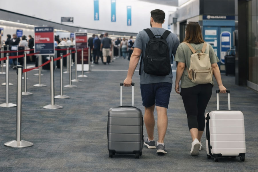 Two travelers walking through an airport check-in area with carry-on roller suitcases and backpacks, dressed in casual travel clothing.