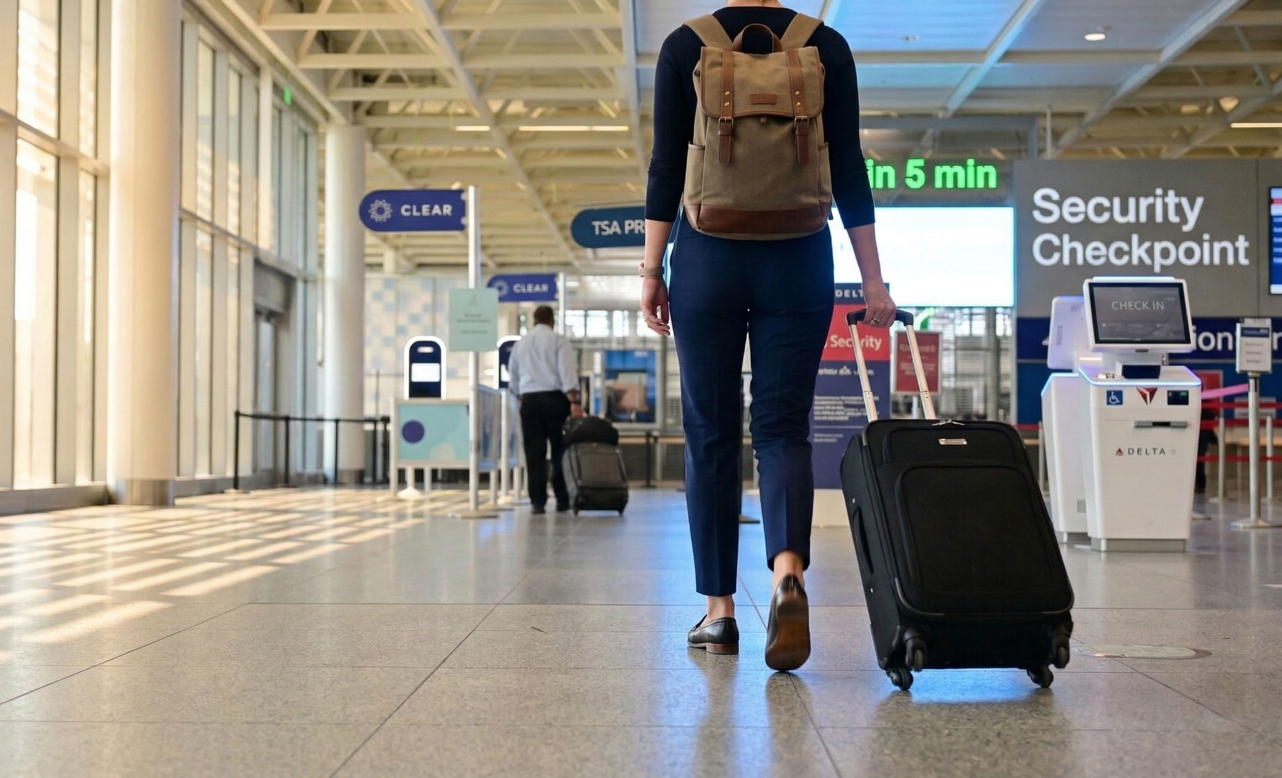 traveler with a rolling suitcase walking through a bright, modern airport terminal towards the security checkpoint.