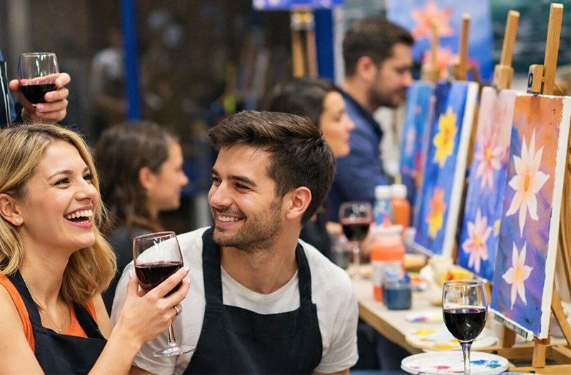 People enjoying a sip and paint art class in Barcelona with wine glasses and colorful canvases on easels.