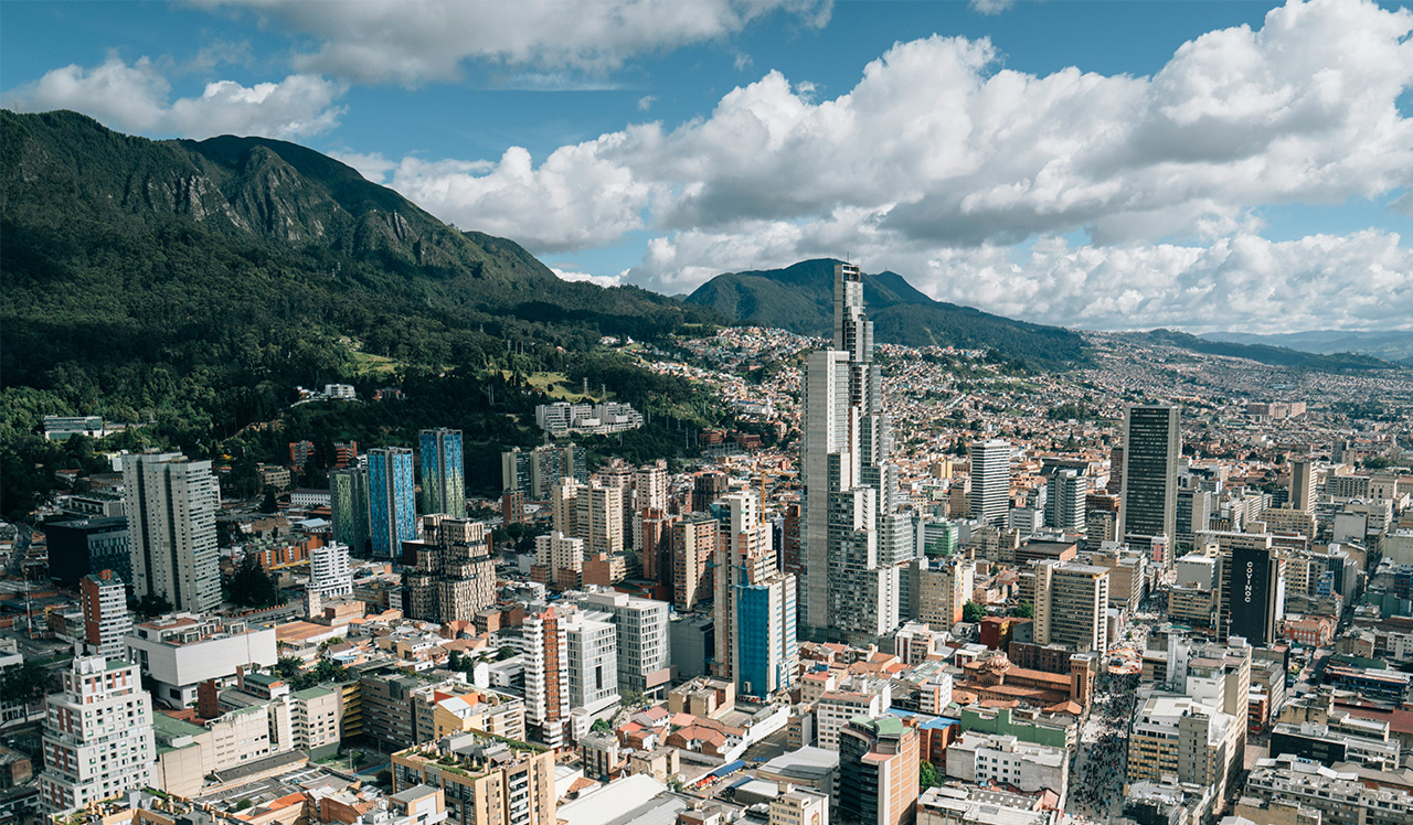 Bogota skyline with modern buildings and Andes mountains in Colombia