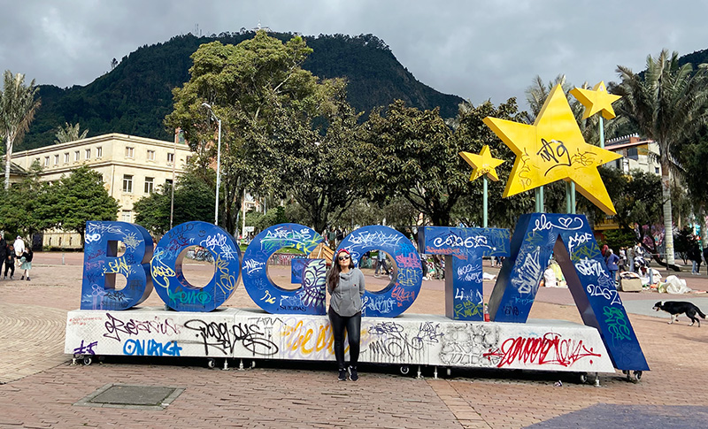Bogotá sign with Monserrate mountain in the background in Colombia