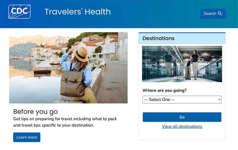 A screenshot of the CDC Travelers' Health website showing the "Destinations" search tool and recent travel health notices.