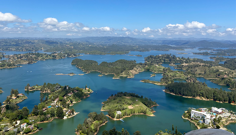 View from El Penol rock overlooking Guatape lakes and islands in Colombia
