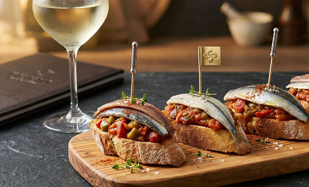 Four gourmet anchovy and roasted pepper pintxos secured with decorative toothpicks on a wooden serving board, accompanied by a glass of white wine.
