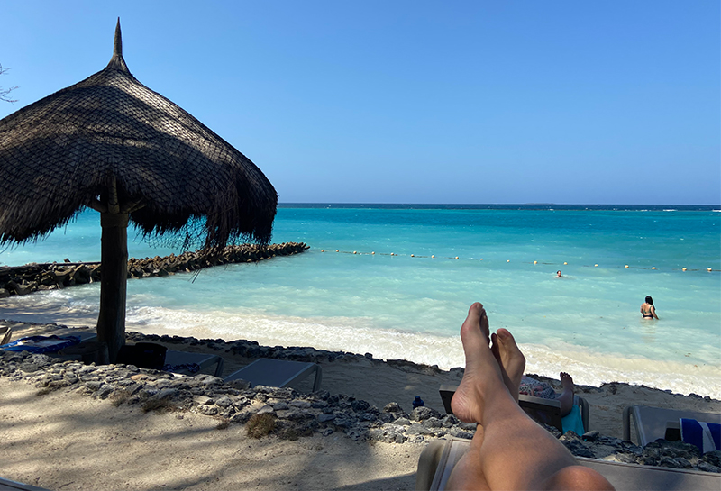 View from a beach lounger looking out at turquoise water under a thatched palapa