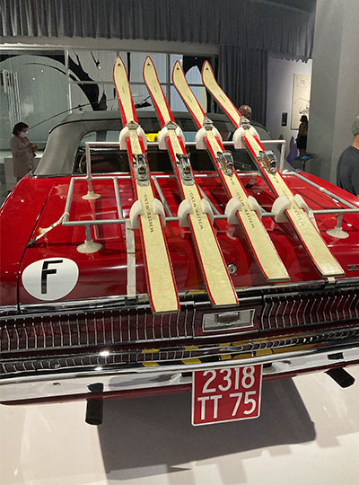 ed 1969 Mercury Cougar XR7 with vintage skis mounted on the back from the James Bond film On Her Majesty's Secret Service.