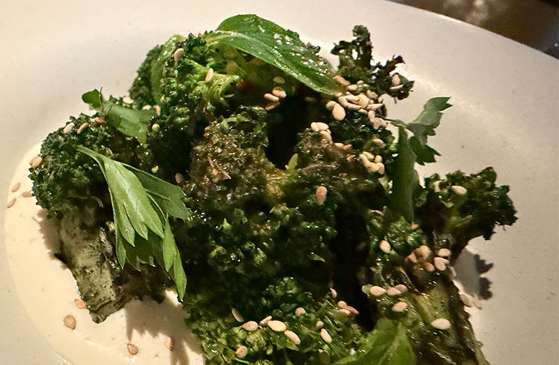 Roasted broccolini appetizer with sesame and herbs at La Sagrada Pizzeria in Mazatlán.
