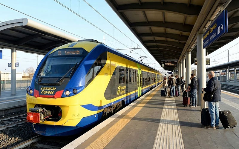 he yellow and blue Leonardo Express train parked at a covered platform at Rome Fiumicino Airport station.