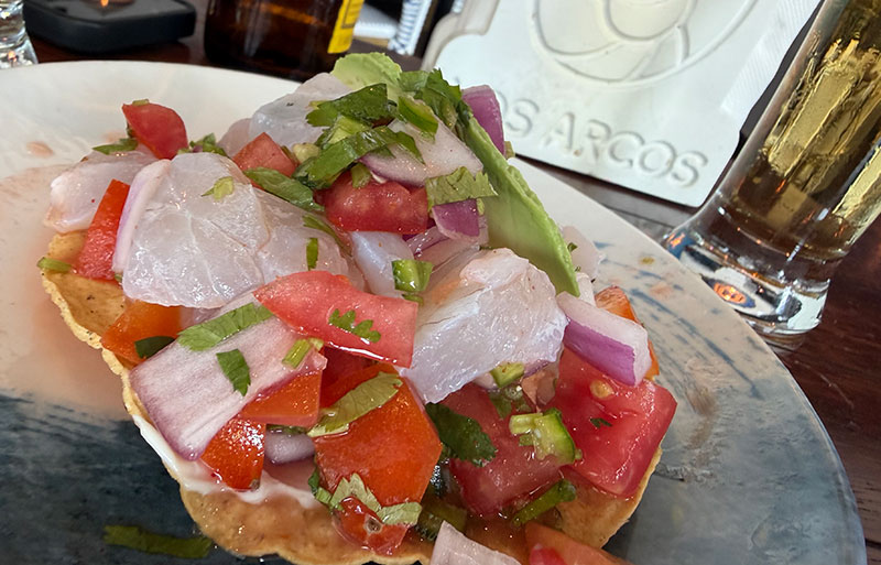 Sea bass ceviche tostada with tomato, onion and cilantro at Los Arcos seafood restaurant Mazatlán