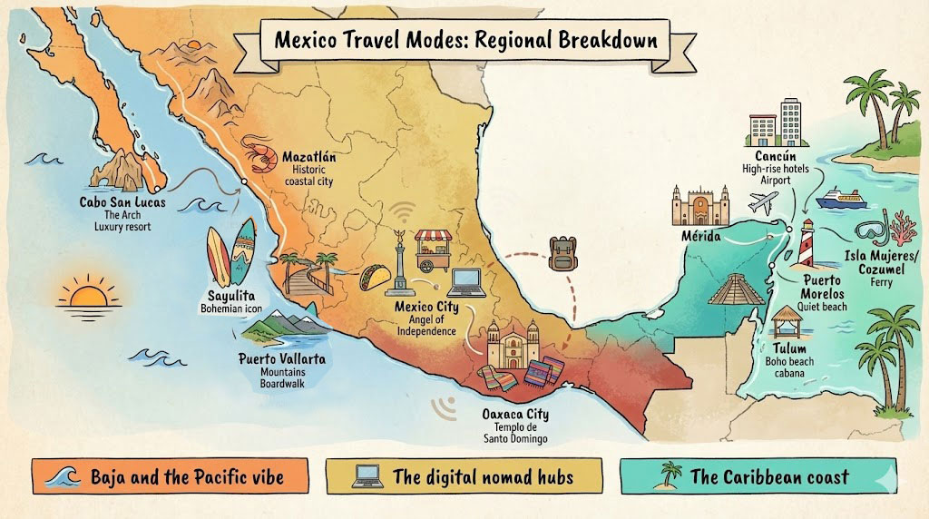 Mexico Travel Map with main cities and icons.