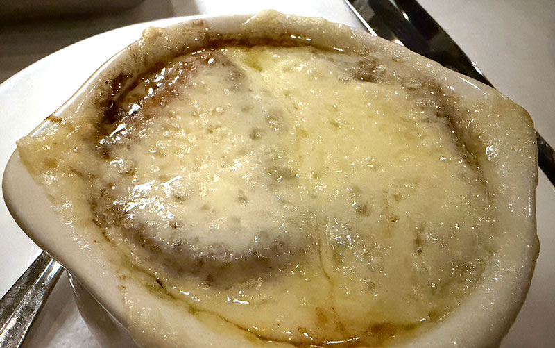 French onion soup with melted cheese crust at Murray’s steakhouse Minneapolis