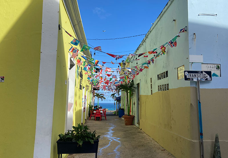 A narrow alleyway in Old San Juan decorated with rows of international flags strung between brightly painted buildings.