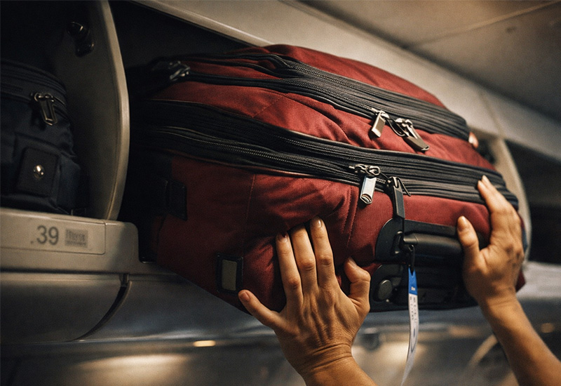 Overstuffed carry-on suitcase stuck in airplane overhead bin with traveler pushing to close it