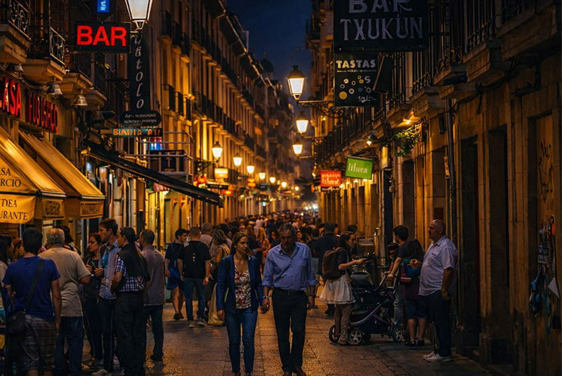 Narrow streets of Parte Vieja in San Sebastián at night around 8pm, filled with people bar hopping under warm streetlights and glowing restaurant signs.