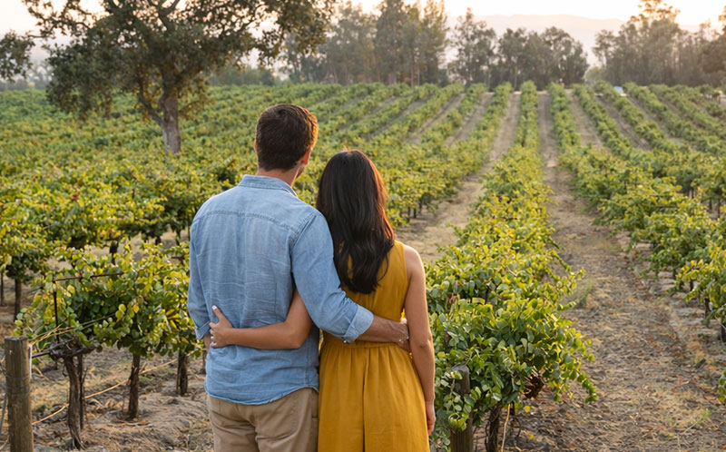 Couple overlooking rows of old Zinfandel vines in a sunlit Paso Robles Eastside vineyard