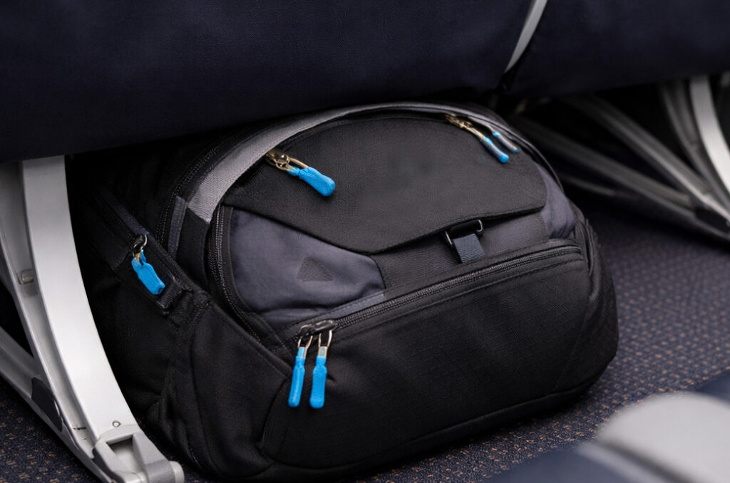 Travel backpack stored under airplane seat with top accessible and fitting neatly as a personal item