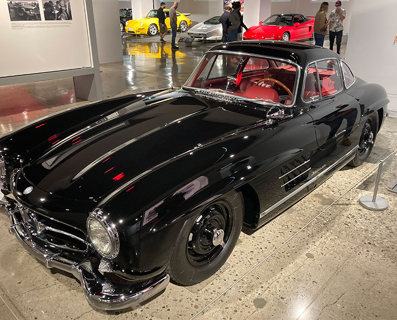 lack Mercedes-Benz 300 SL Gullwing on display at the Petersen Automotive Museum.