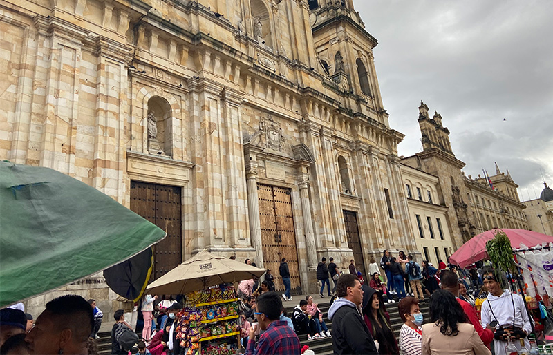 Plaza de Bolívar with Bogotá Cathedral and crowds in historic center