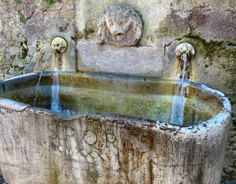 A close-up shot of an ancient stone nasoni fountain in Rome, featuring two metal spouts with streaming water and the "SPQR" engraving on the weathered basin.