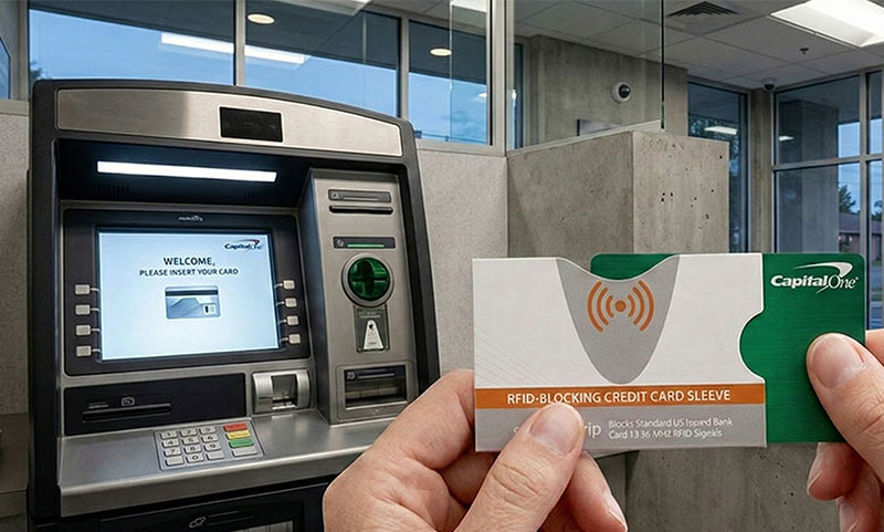 A close-up of a person's hands holding a green credit card partially inside an RFID-blocking sleeve, with a modern bank ATM machine visible in the background.