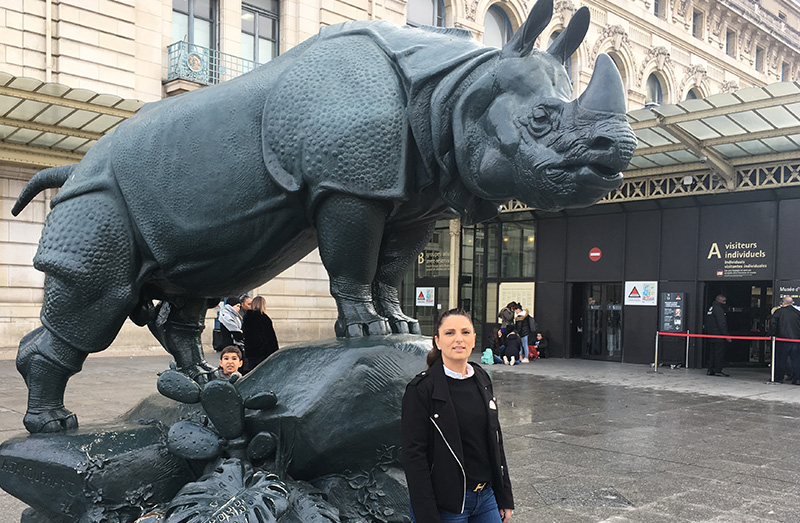 A large bronze rhinoceros sculpture, "Rhinocéros" by Henri Alfred Jacquemart, stands on a stone pedestal in the crowded public square outside the Musée d’Orsay in Paris.