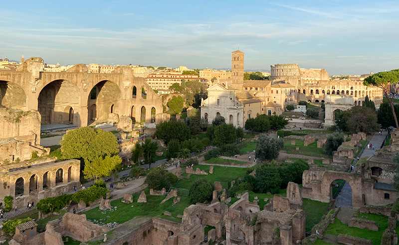 Wide view of the Roman Forum and Colosseum from Palatine Hill in Rome