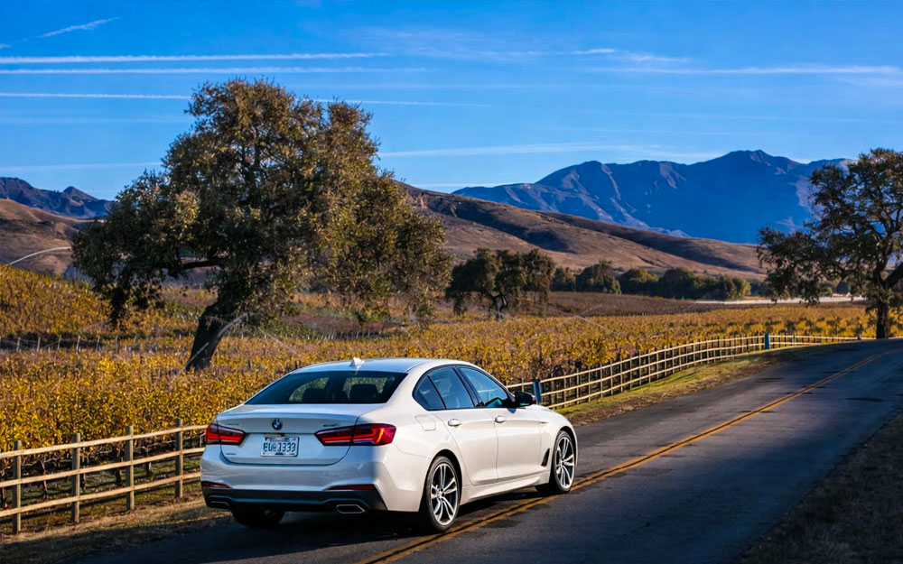 Scenic vineyard drive through Santa Ynez Valley with rolling vineyards, oak trees, and mountain backdrop along a quiet country road in California wine country