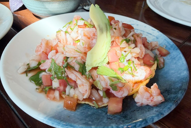 A vibrant close-up of a fresh shrimp ceviche bowl, featuring marinated shrimp, diced cucumbers, red onions, and cilantro, served with crisp tortilla chips