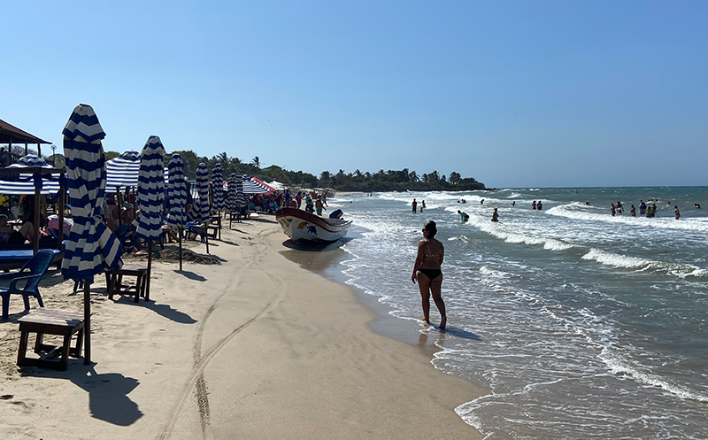 A woman standing at the edge of the surf on a sandy beach lined with blue and white striped umbrellas on Tierra Bomba.