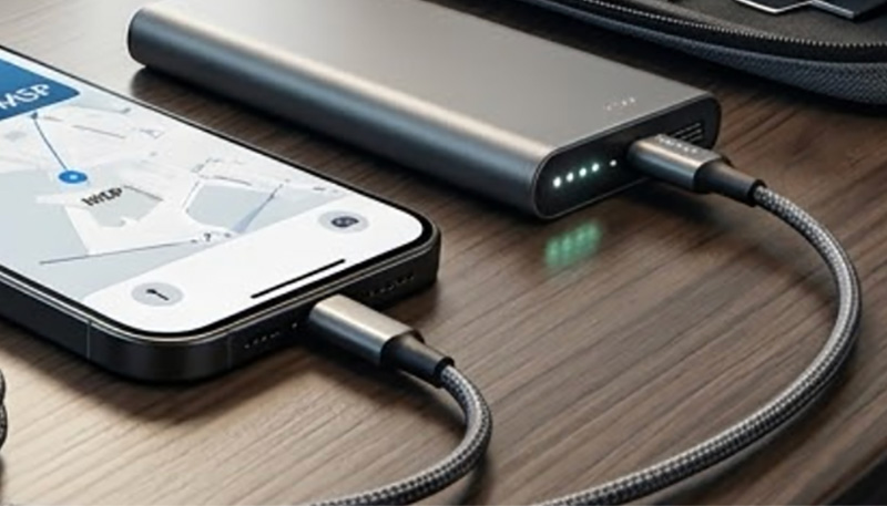 A close-up editorial photograph of a organized travel tech setup on an airport table, including a multi-port wall charger with braided cables plugged into an outlet, a smartphone displaying an MSP airport map, and a power bank.