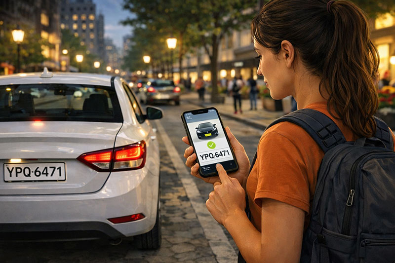 A solo female traveler checking a rideshare car's license plate against their phone app in a well-lit urban area to ensure the driver and vehicle match.