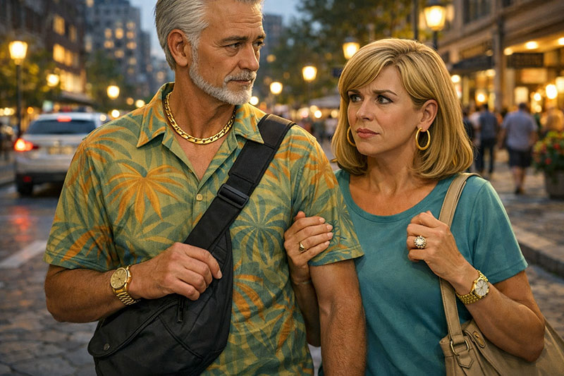 An older couple strolling in a city, noticeably wearing expensive jewelry including a large gold chain, a gold watch, and a diamond ring.
