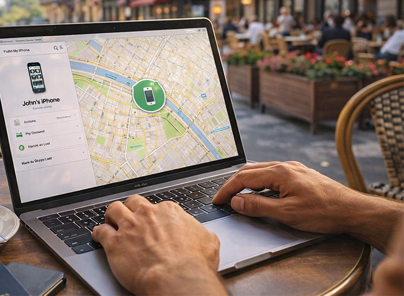 Traveler using Find My iPhone on a laptop at a café in France to locate a lost phone