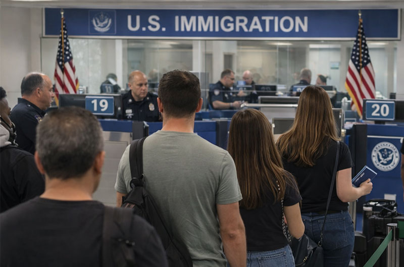 Travelers rolling luggage through the international arrivals and customs hall after returning to the United States.