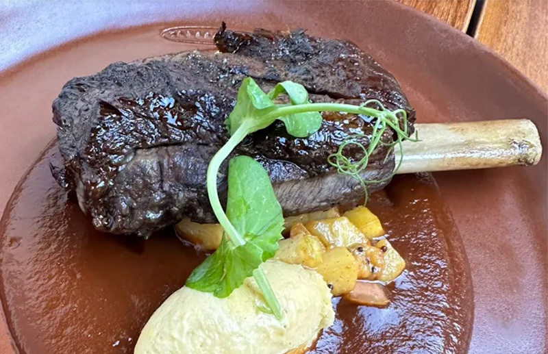 A plated dish of tender braised beef short rib served on a wooden plate at Casa Oaxaca, garnished with fresh greens and creamy mashed potatoes.