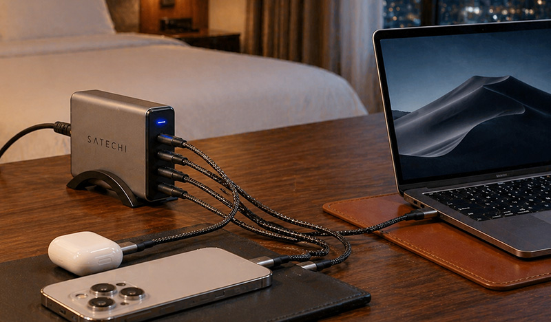 A black multi-port GaN power adapter plugged into a hotel wall outlet with several USB cables connected. A laptop and a smartphone are charging on a wooden desk next to the adapter in a brightly lit hotel room.