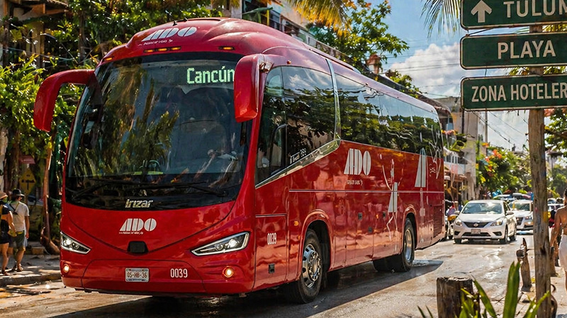 A bright red ADO intercity bus parked at a station in Mexico. The bus has "Cancun" displayed on its destination sign, and a tropical landscape with a Mexican flag is visible in the background