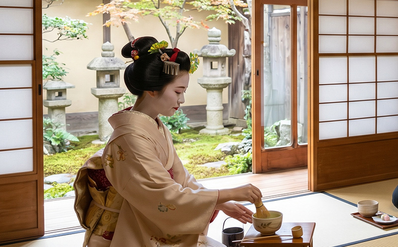 A geiko wearing a traditional kimono prepares matcha tea for three guests sitting on the floor of a classic tatami room, with open shoji screens revealing a serene Japanese garden in Kyoto.