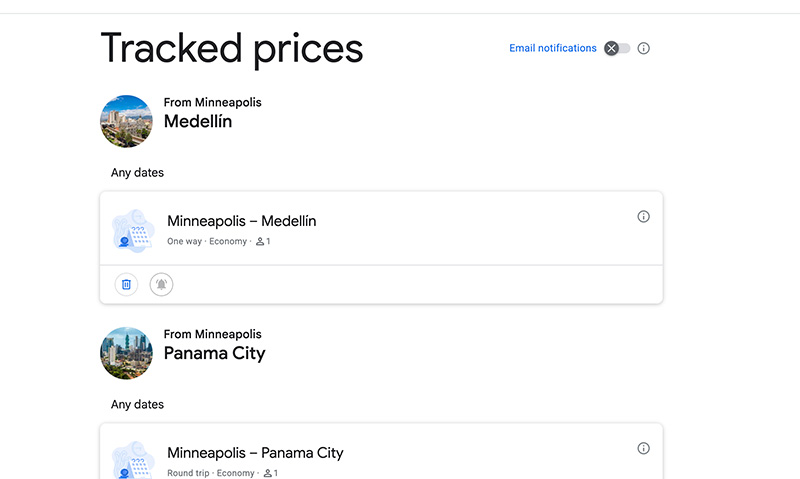 A digital screen displaying the Google Flights interface with a price tracking toggle enabled, showing a price graph for a flight from Minneapolis to Singapore.