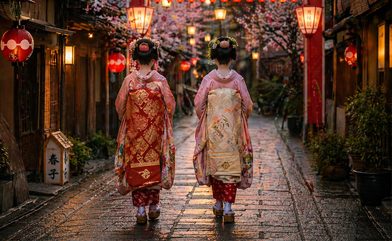 Two traditionally dressed maiko walking through a quiet Kyoto alley with lanterns and cherry blossoms at dusk in a historic district.