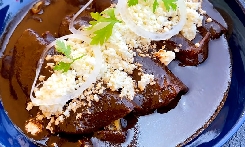 Traditional Oaxacan mole negro dish topped with cheese and onions
